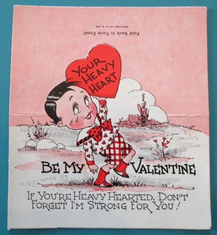 Heavy Heart Valentines Card 1930's Boy Holding Heart