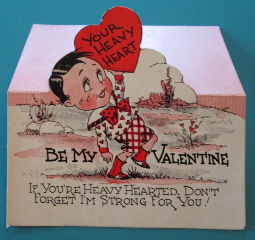 Heavy Heart Valentines Card 1930's Boy Holding Heart