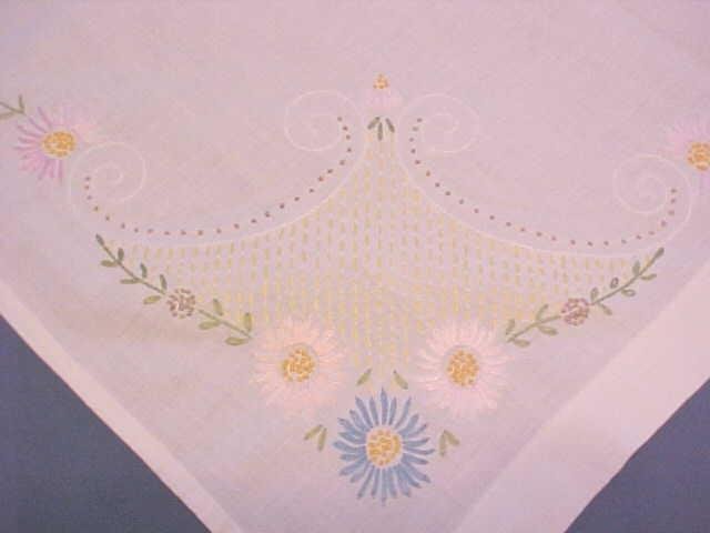 Vintage Tablecloth Embroidered Flowers 48x46
