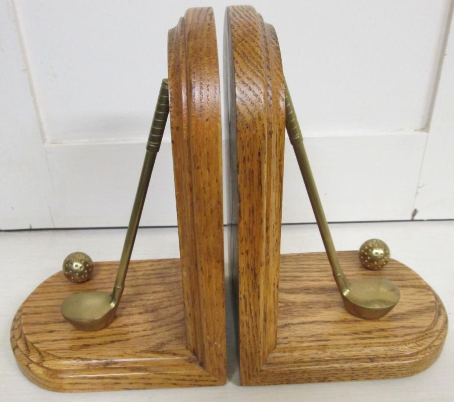 Golf Club Bookends Oak and Brass