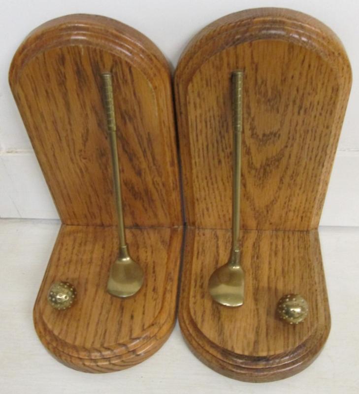 Golf Club Bookends Oak and Brass