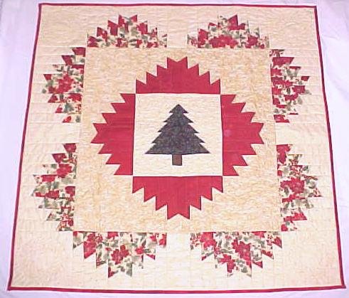 Christmas Tree Quilt Wall Hanging Holly Poinsettias 41x41