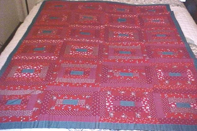 Lap Quilt Red & Blue Vintage Log Cabin Country
