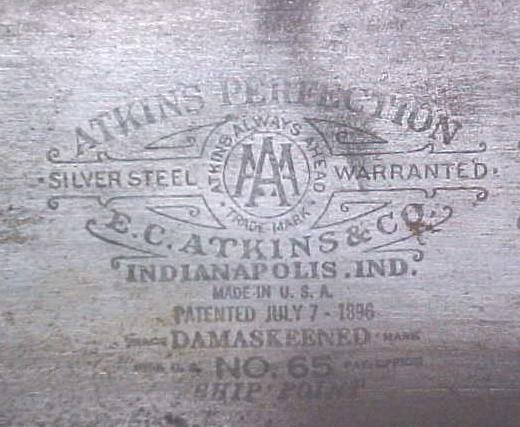 Atkins Saw No. 65 Perfection Silver Steel Cross Cut Hand Saw Rare!