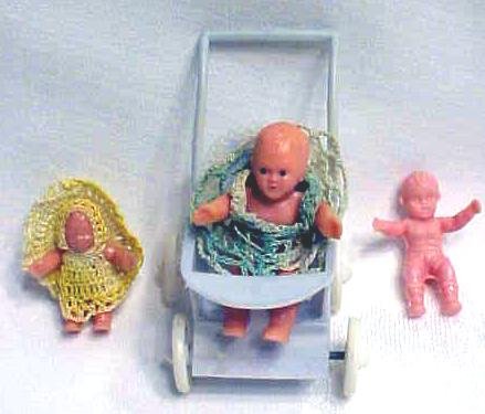 Miniature Rubber Dolls 3PC Crochet Outfits Stroller