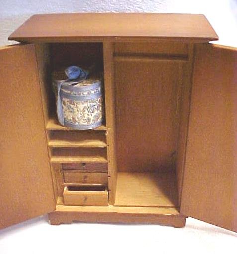 Doll House Wardrobe Armoire Wood + Hat box