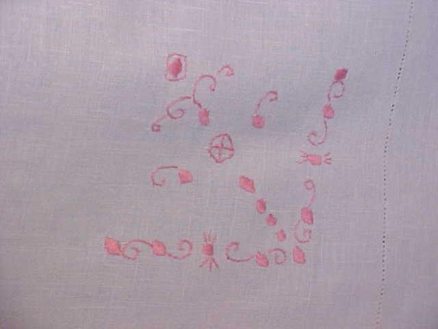 Embroidered Table Cloth Linen Pink Crochet Trim