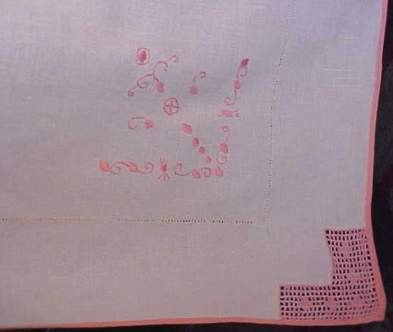 Embroidered Table Cloth Linen Pink Crochet Trim