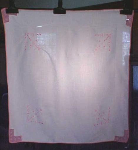 Embroidered Table Cloth Linen Pink Crochet Trim