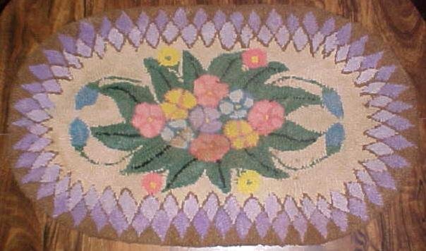 Primitive Hooked Rug Oval Floral