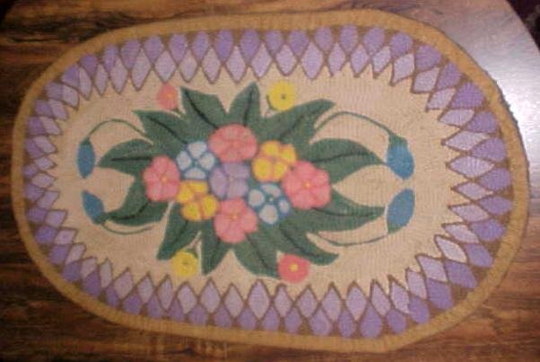 Primitive Hooked Rug Oval Floral