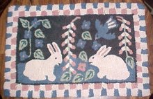 Primitive Hooked Rug Rabbets & Birds