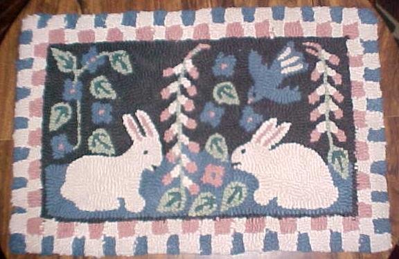 Primitive Hooked Rug Rabbets & Birds
