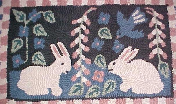 Primitive Hooked Rug Rabbets & Birds