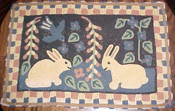Primitive Hooked Rug Rabbets & Birds