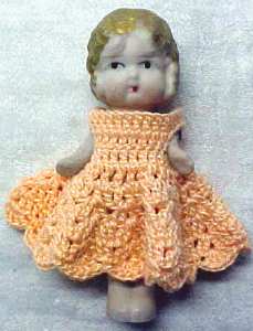 All Bisque Miniature Doll Peach Dress