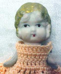 All Bisque Miniature Doll Peach Dress