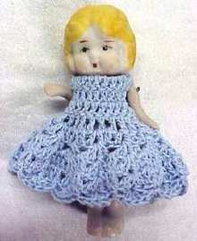 All Bisque Miniature Doll Blue Dress
