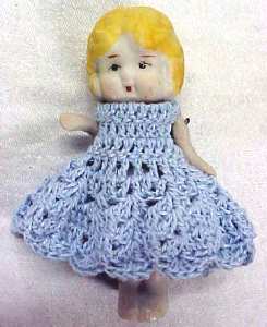 All Bisque Miniature Doll Blue Dress
