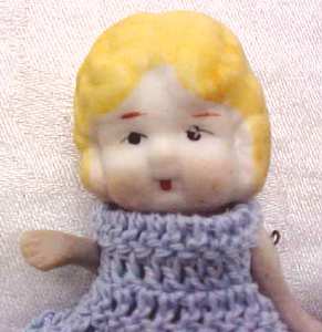 All Bisque Miniature Doll Blue Dress