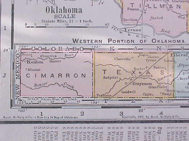 Map Texas & Oklahoma 1907 Rand McNally