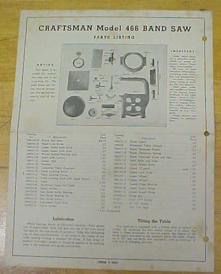 Craftsman Model 466 Band Saw Instructions Parts List
