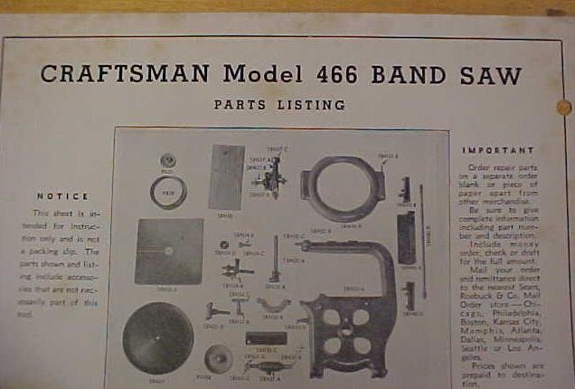 Craftsman Model 466 Band Saw Instructions Parts List