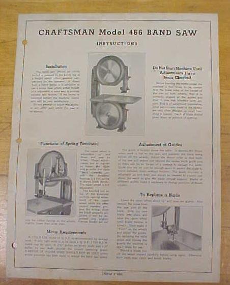 Craftsman Model 466 Band Saw Instructions Parts List