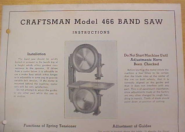 Craftsman Model 466 Band Saw Instructions Parts List