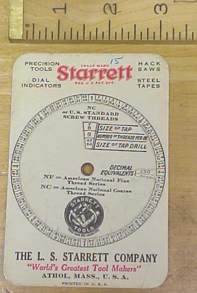 Starrett Screw Thread Calculator on a Card