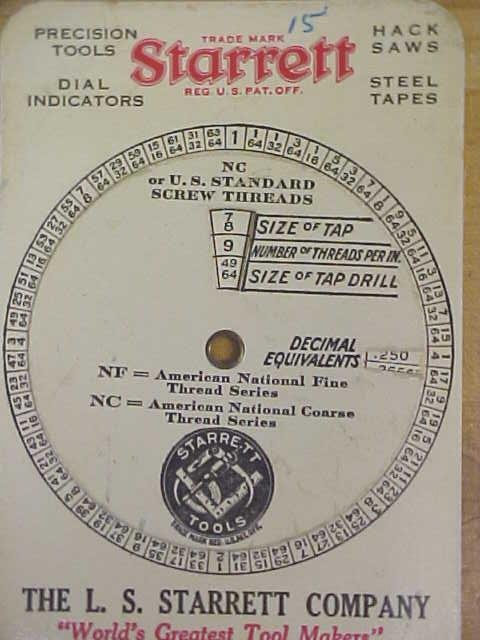 Starrett Screw Thread Calculator on a Card