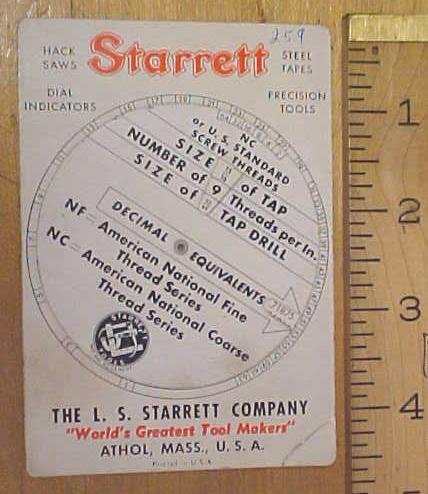 Starrett Screw Thread Calculator 1940's