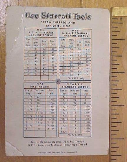 Starrett Screw Thread Calculator 1940's