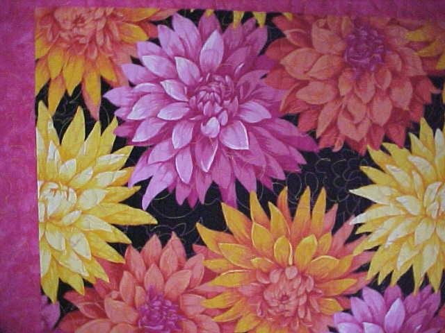 Throw Twin Quilt Dahlias 67 x 80 oranges pinks yellows blacks