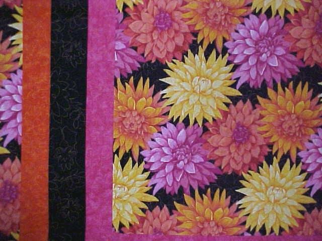 Throw Twin Quilt Dahlias 67 x 80 oranges pinks yellows blacks