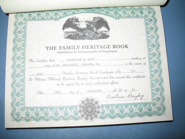 The Wolf Family Heritage Book published by Beatrice Bayley, Inc.