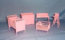1950s doll house crib, playpen, high chair, changing table, and dresser