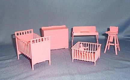 1950s doll house crib, playpen, high chair, changing table, and dresser