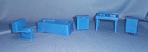 1950s doll house bathtub, sink, toilet, and hamper