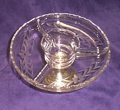 Sterling silver and etched glass divided shrimp dish