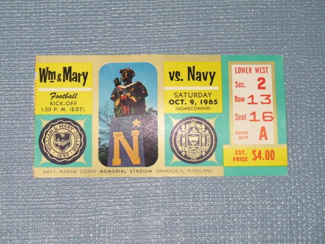 William & Mary versus Navy, October 9, 1965 football ticket