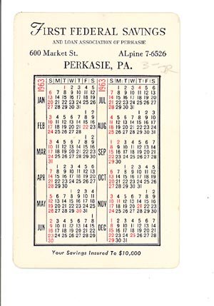 1963 First Federal Savings and Loan Association of Perkasie (PA) pocket calendar