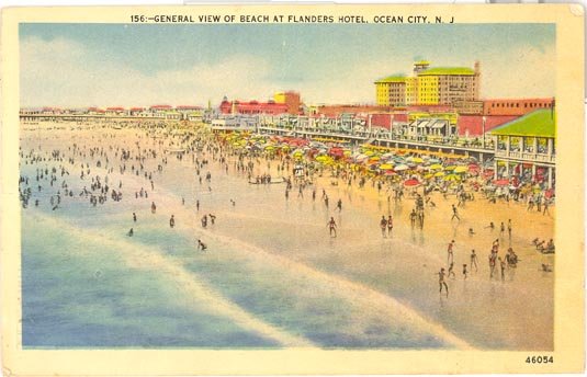 General Beach View at The Flanders hotel, Ocean City NJ postcard