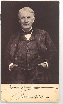 Edison Business Phonograph advertising card featuring photo of Thomas Edison