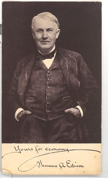 Edison Business Phonograph advertising card featuring photo of Thomas Edison