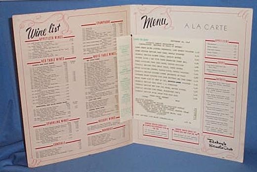 Menu from Rickey's Studio Club, Palo Alto, CA