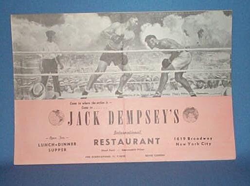 Menu from Jack Dempsey's International Restaurant, 1619 Broadway, New York City