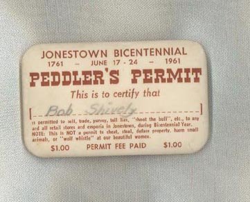 1961 Jonestown Bicentennial Peddler's Permit