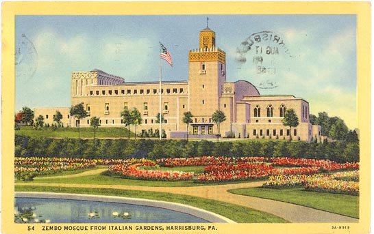 Zembo Mosque from Italian Gardens, Harrisburg PA color postcard