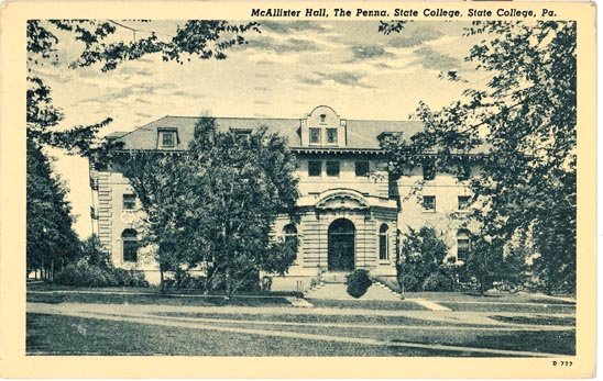 McAllister Hall, Pennsylvania State College, State College, PA black/white postcard